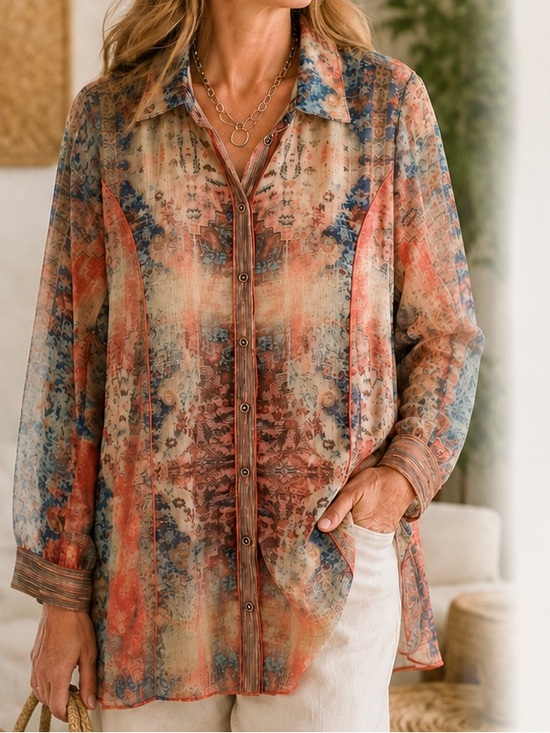Soft Surroundings Tops - Soft Surroundings Golden Tapestry Safra Top Sheer Tunic Blouse Boho Mixed Media